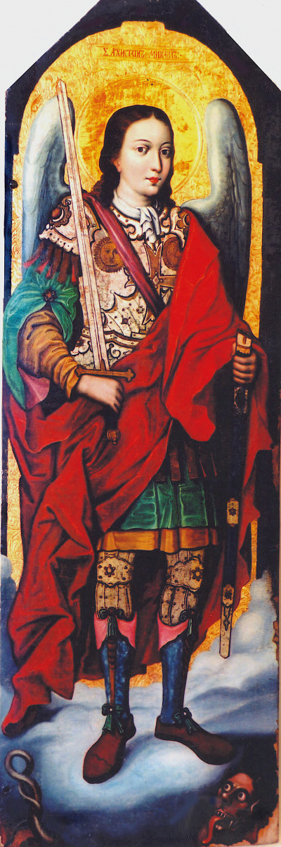ІВАН РУТКОВИЧ. АРХАНГЕЛ МИХАЇЛ, 1697-1699 рр. дерево, левкас, темпера, 200х65, НМЛ ім. А. Шептицького