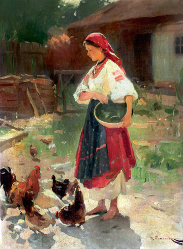  МИКОЛА ПИМОНЕНКО "Дівчина годує курей" 1900-ті, полотно, олія, 70.5х51.6, приватна збірка