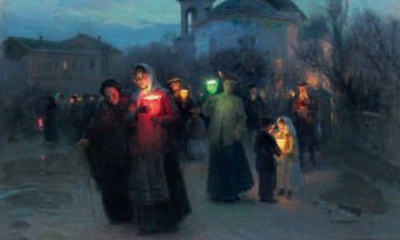 МИКОЛА ПИМОНЕНКО "Вихід із церкви у Страсний четвер" 1890-ті, полотно, олія, 43.3х67, приватна збірка