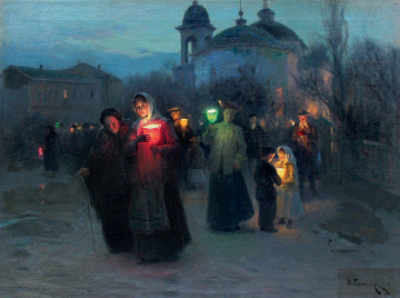 МИКОЛА ПИМОНЕНКО "Вихід із церкви у Страсний четвер" 1890-ті, полотно, олія, 43.3х67, приватна збірка
