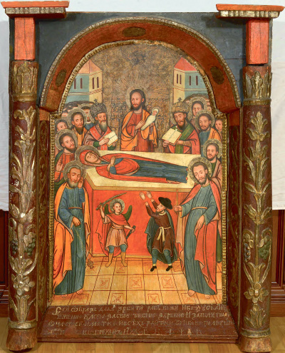 УСПІННЯ ПРЕСВЯТОЇ БОГОРОДИЦІ, 1762 р. дерево, левкас, темпера, сріблення, гравіювання, 104х72х2, приватна збірка